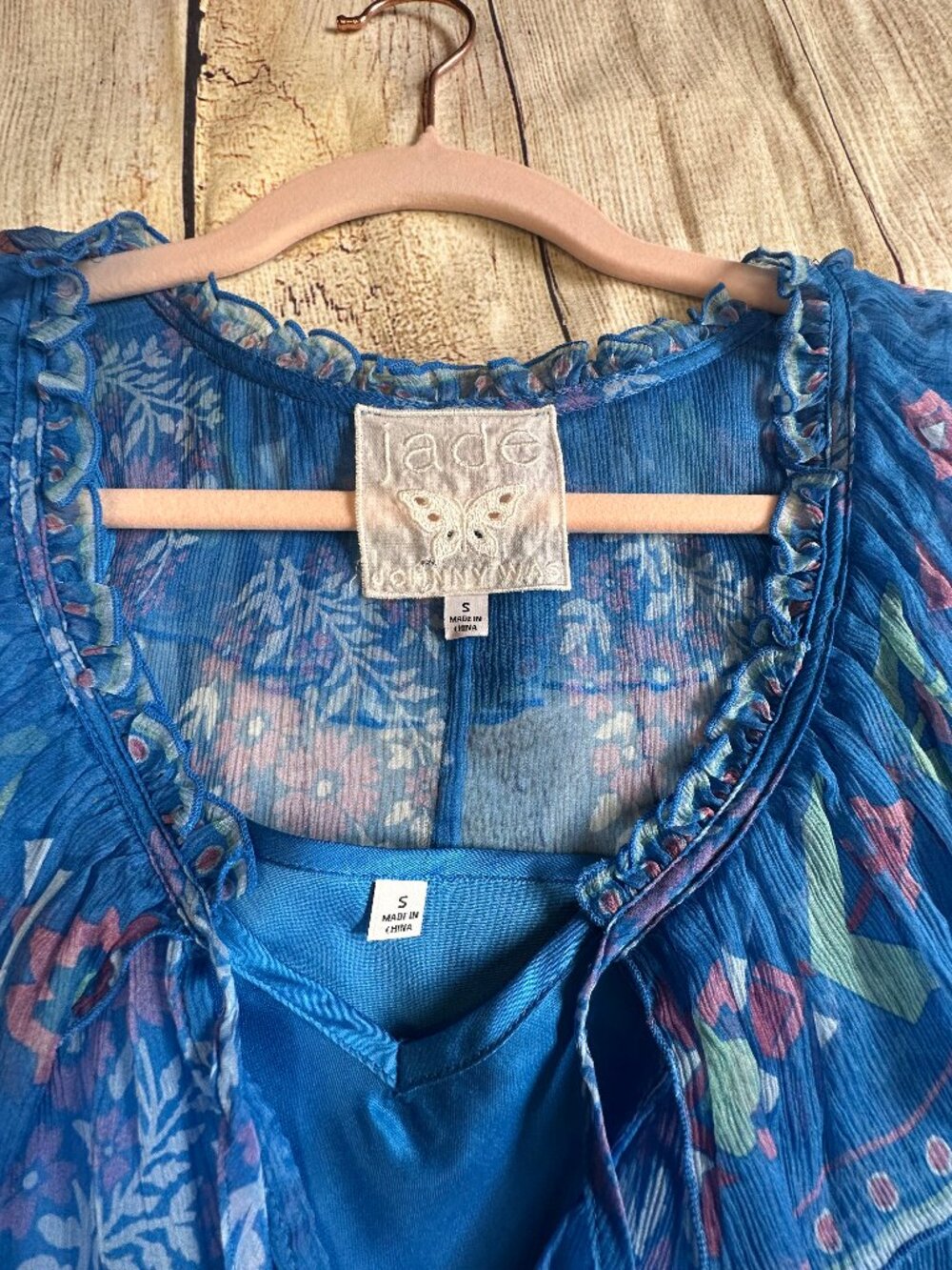 Johnny Was Jade Blue Floral Silk Ruffle Peasant Blouse Tunic Sz. Small - Picture 4 of 5